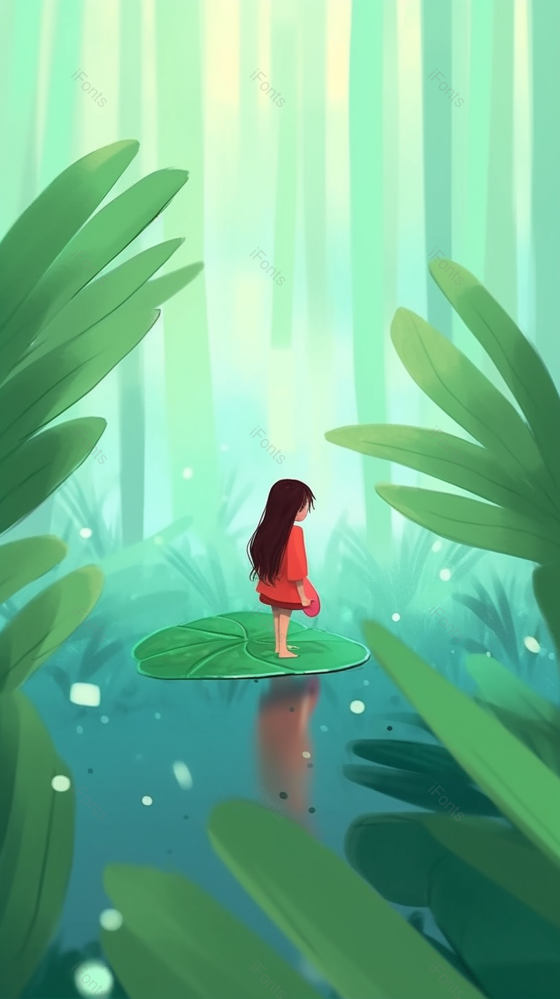 小女孩站在荷叶上创意儿童插画设计背景,插画/手绘图,插画/手绘图库,插画/手绘图下载,插画/手绘